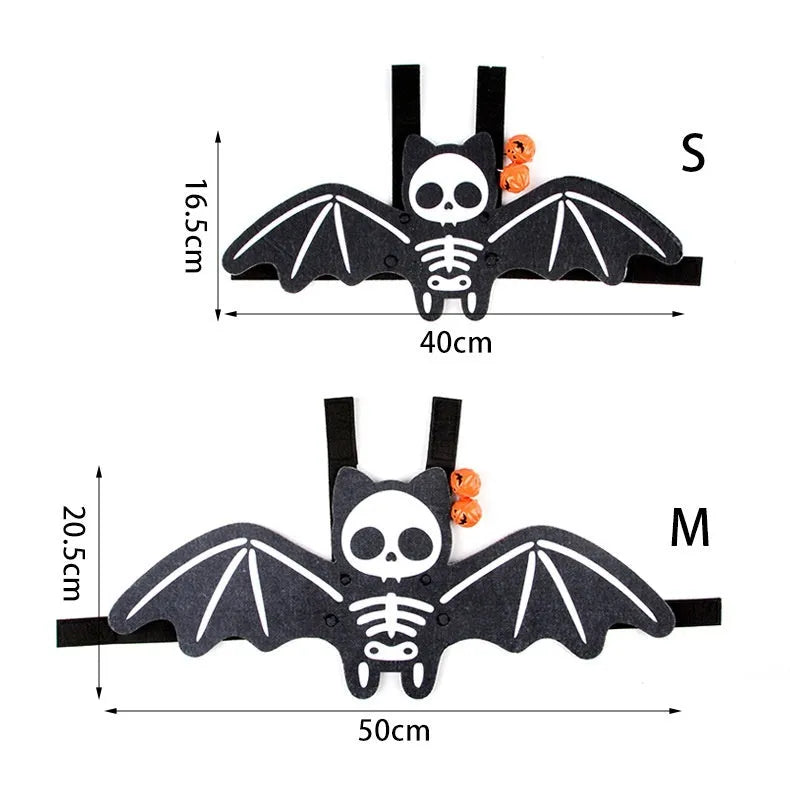 Halloween cat costume with black bat wings in pumpkin, red ghost, or white ghost colour variants with optional bell accessory