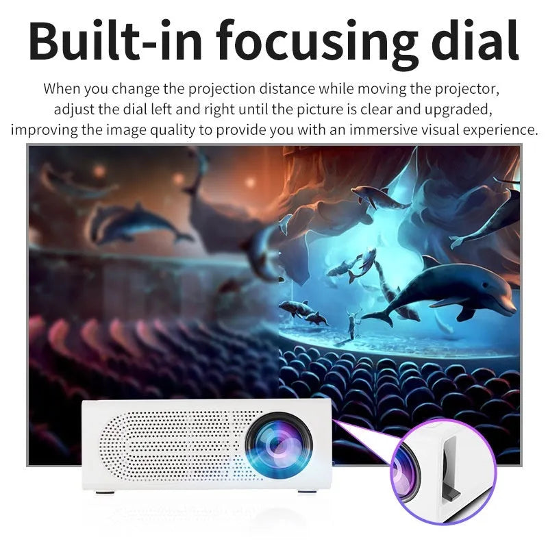 Black and white portable mini projector with wired mobile phone connection and international power adapters
