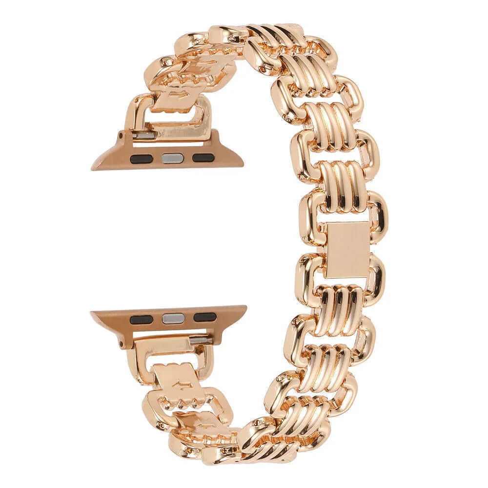 Alloy metal Apple Watch bracelet in silver, black, gold, rose gold and Starlight colours for 38mm to 49mm models.