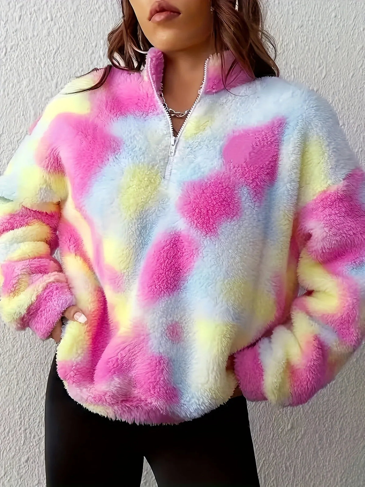 Women's rose red tie-dye half-open zipper plush pullover top with thick polyester fabric