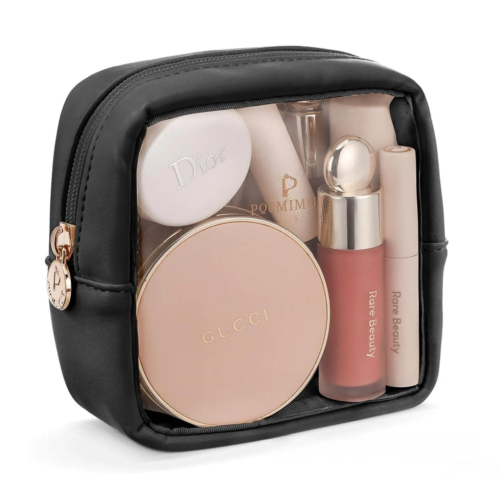 PVC leather transparent cosmetic bag in multiple colours showing waterproof construction and organisation compartments
