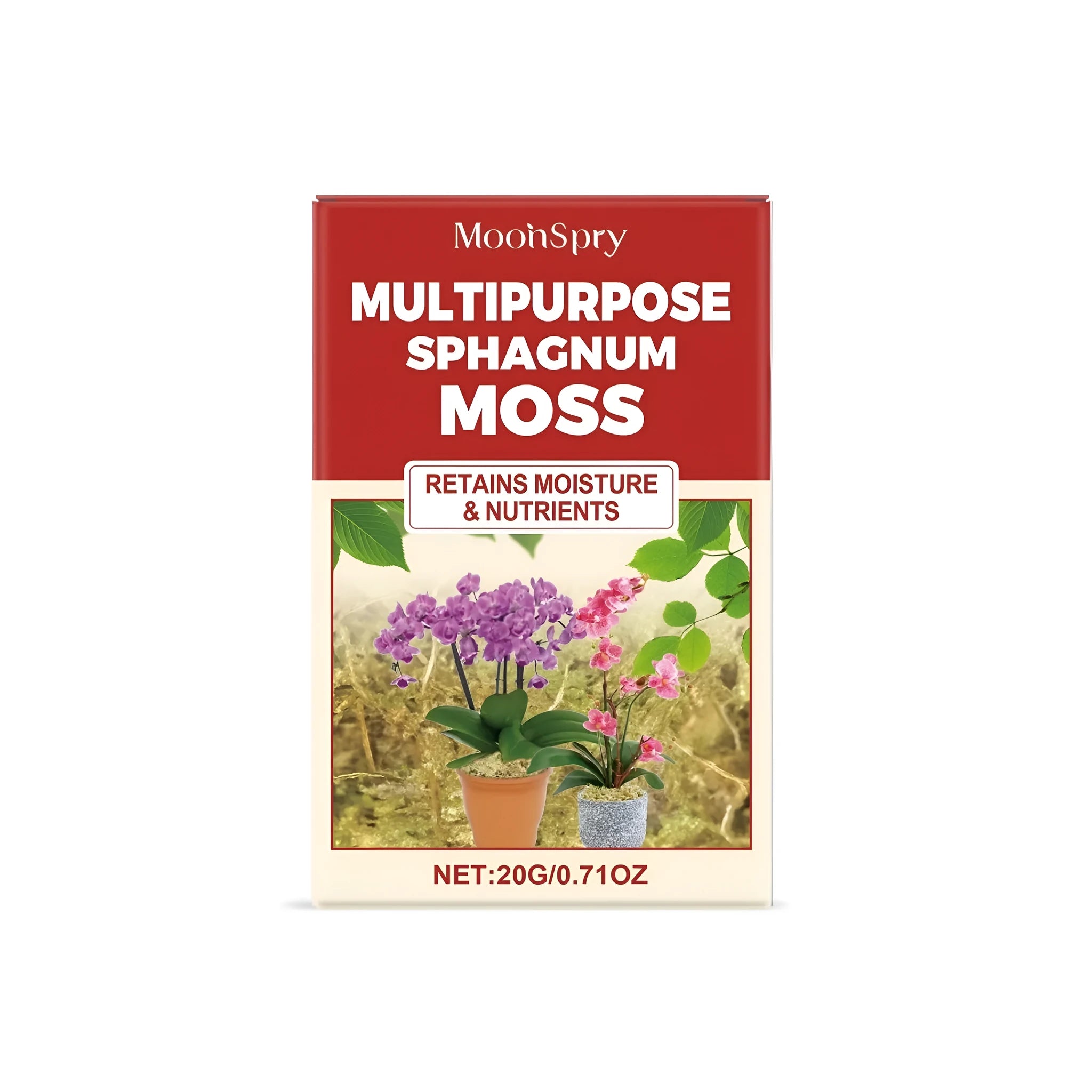 20g pack of dried, light brown long-fibre sphagnum moss for plants and terrariums.