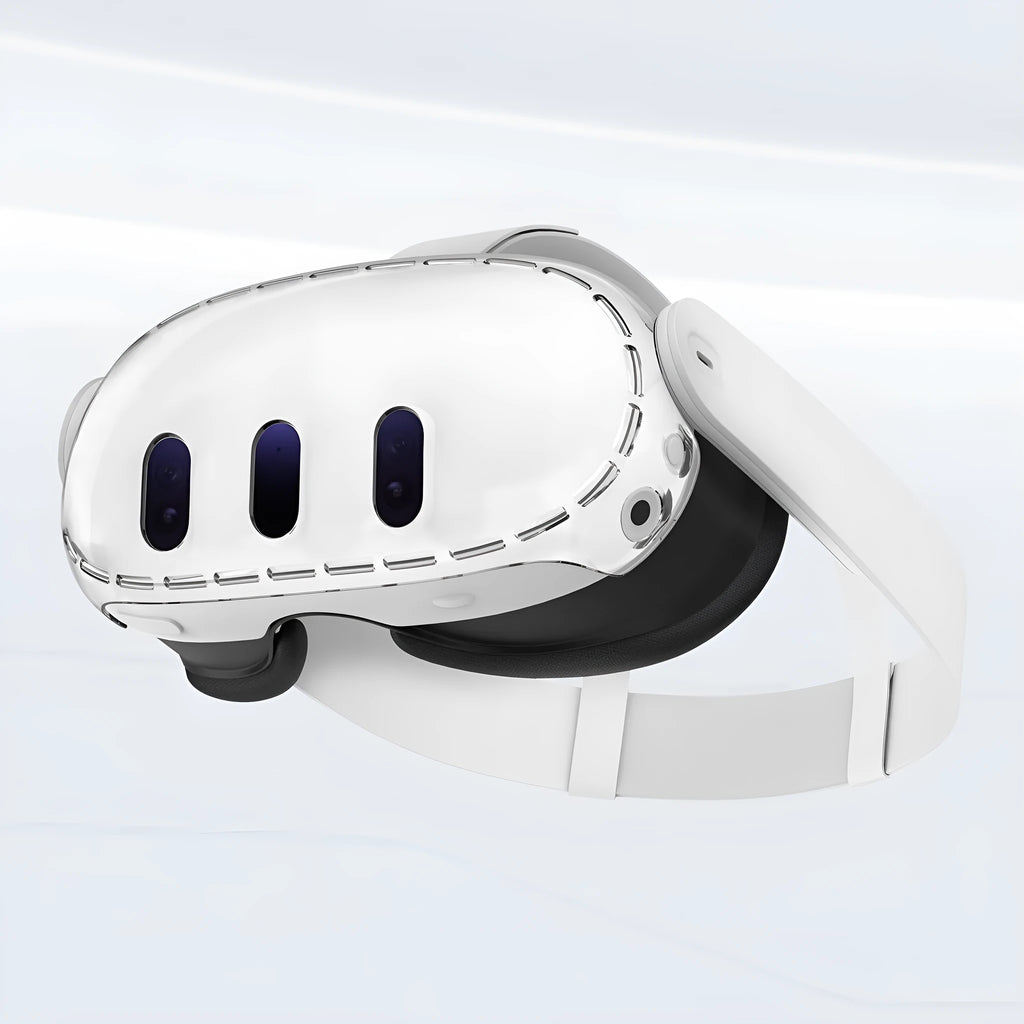 Transparent PC protective case for VR glasses with silicone edges on a white background