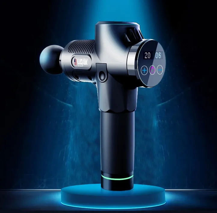 Fascia massage gun with 24V brushless motor, 30-speed control, six soft massage heads, and 2400mAh lithium battery in black.