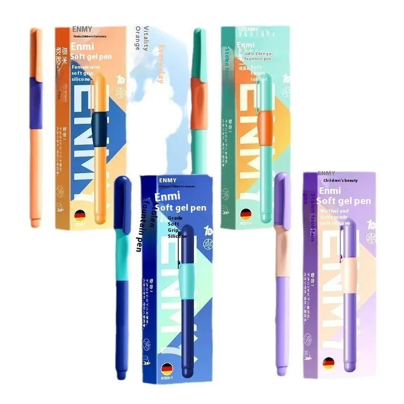 Student posture correction pen with triangular grip in blue, green, purple, and orange colour options