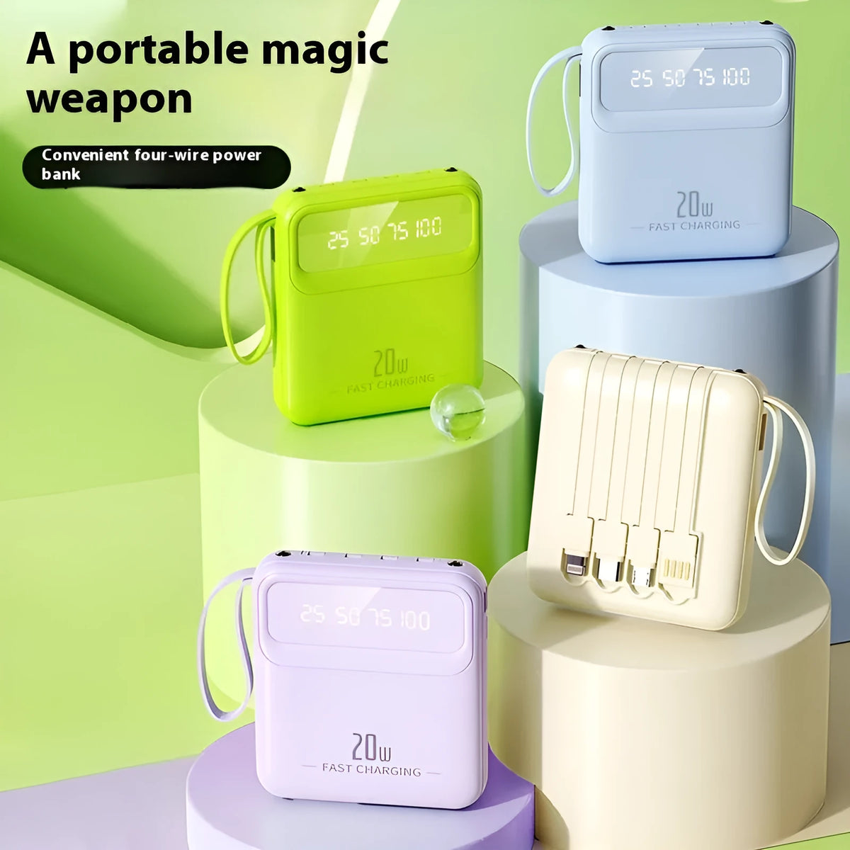 Power bank with four built-in lines and digital display, 89x79x27mm, in black, beige, blue, purple, green, or rose red