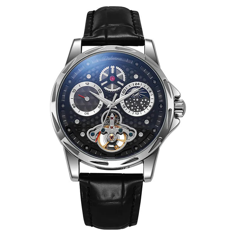 Men's business watch with luminous hands showing black dial and steel bracelet option