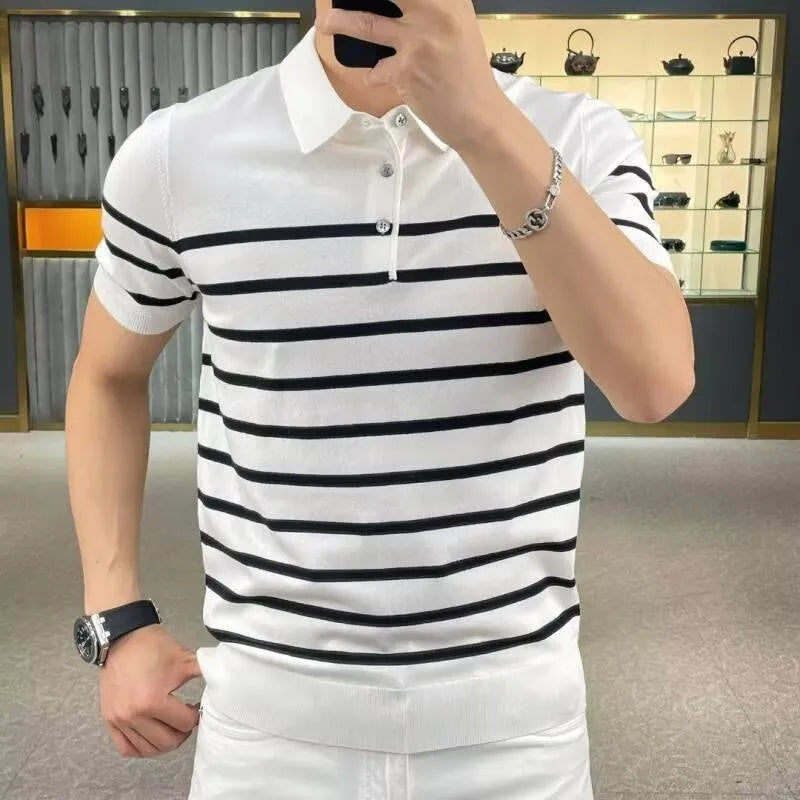 Chemical fibre blend striped lapel knitted T-shirt in black and white colour options