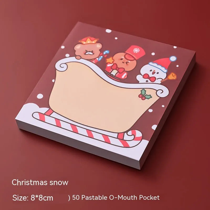 Christmas cartoon sticky notes pad with Santa, snowman, elf, gift, sled, house, bear and crystal ball designs