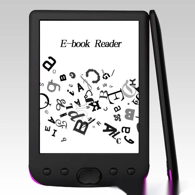 Black 6-inch E-ink e-book reader showing a page of text on its paper-like screen.