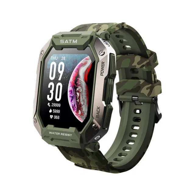 Men's black and green camouflage smartwatch with silicone strap on wrist, displaying health metrics.