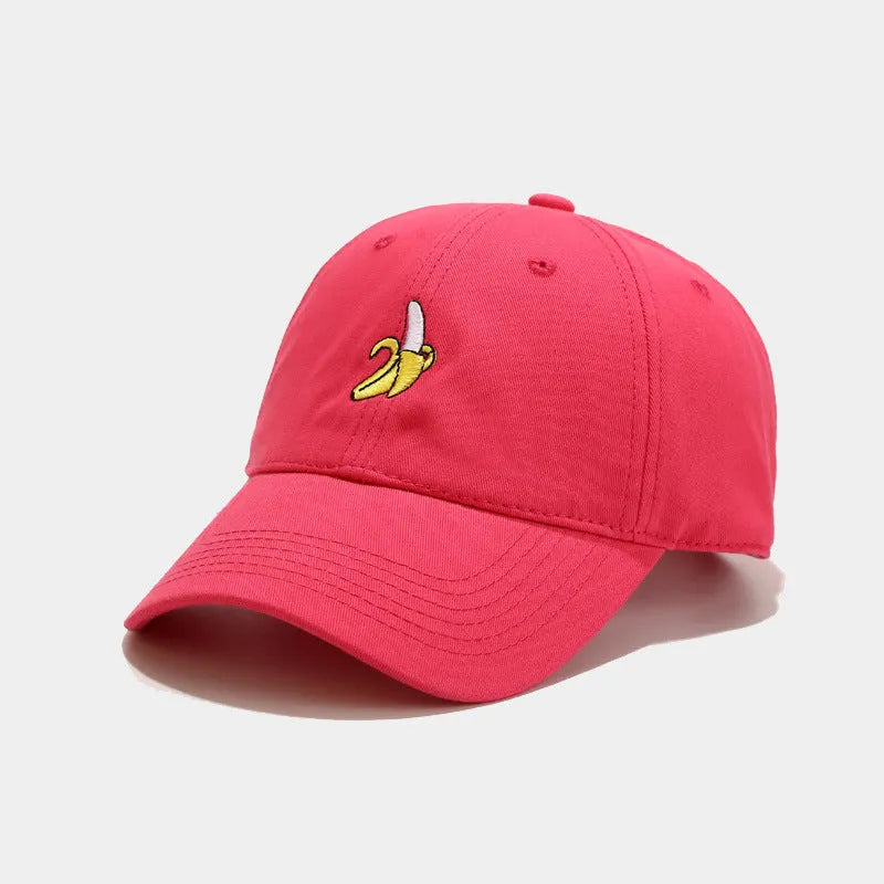 Adjustable baseball cap with cute banana embroidery in seven colour options on soft polyester fabric