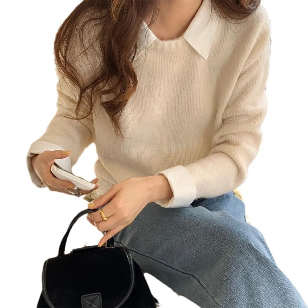 Women's loose-fitting knitwear top with contrast lapels in polyester fabric