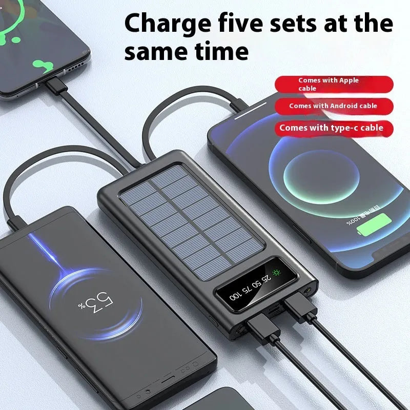 Black and white solar power bank with built-in cable showing 20000mAh capacity and dimensions.