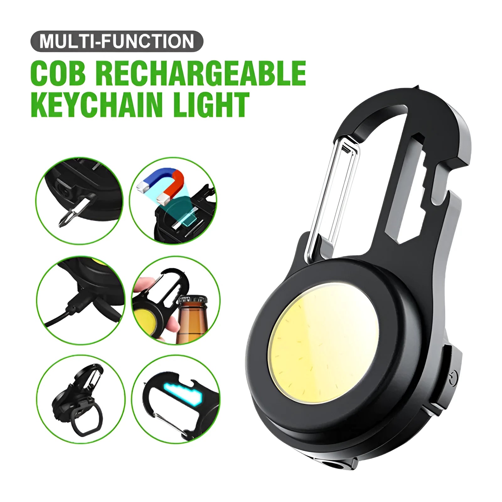Black 6-in-1 multi-functional mini keychain lamp with COB light and magnetic base on metal surface