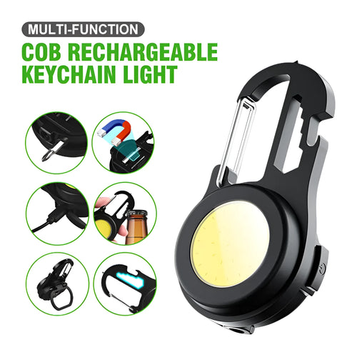 Black 6-in-1 multi-functional mini keychain lamp with COB light and magnetic base on metal surface