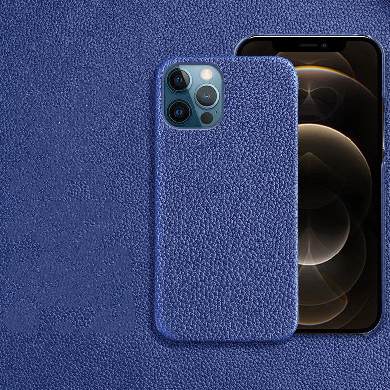 Genuine leather protective case for Apple iPhone in a selection of colours on a table.