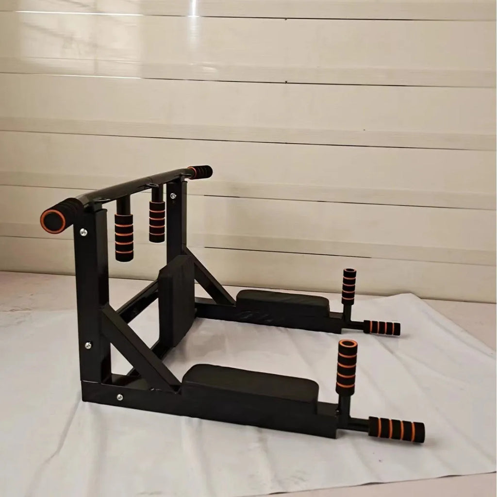 Black wall-mounted fitness equipment with parallel bars and sandbag rack for indoor and outdoor training