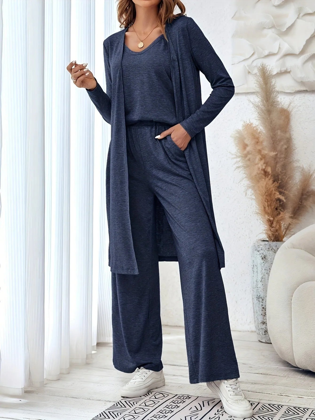 Women's blue polyester casual suit set with trousers and matching long sleeve top