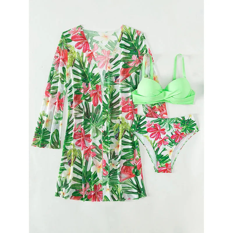 Women's printed nylon three-piece swimsuit set with top, pants, and coat in blue, green, and rose red