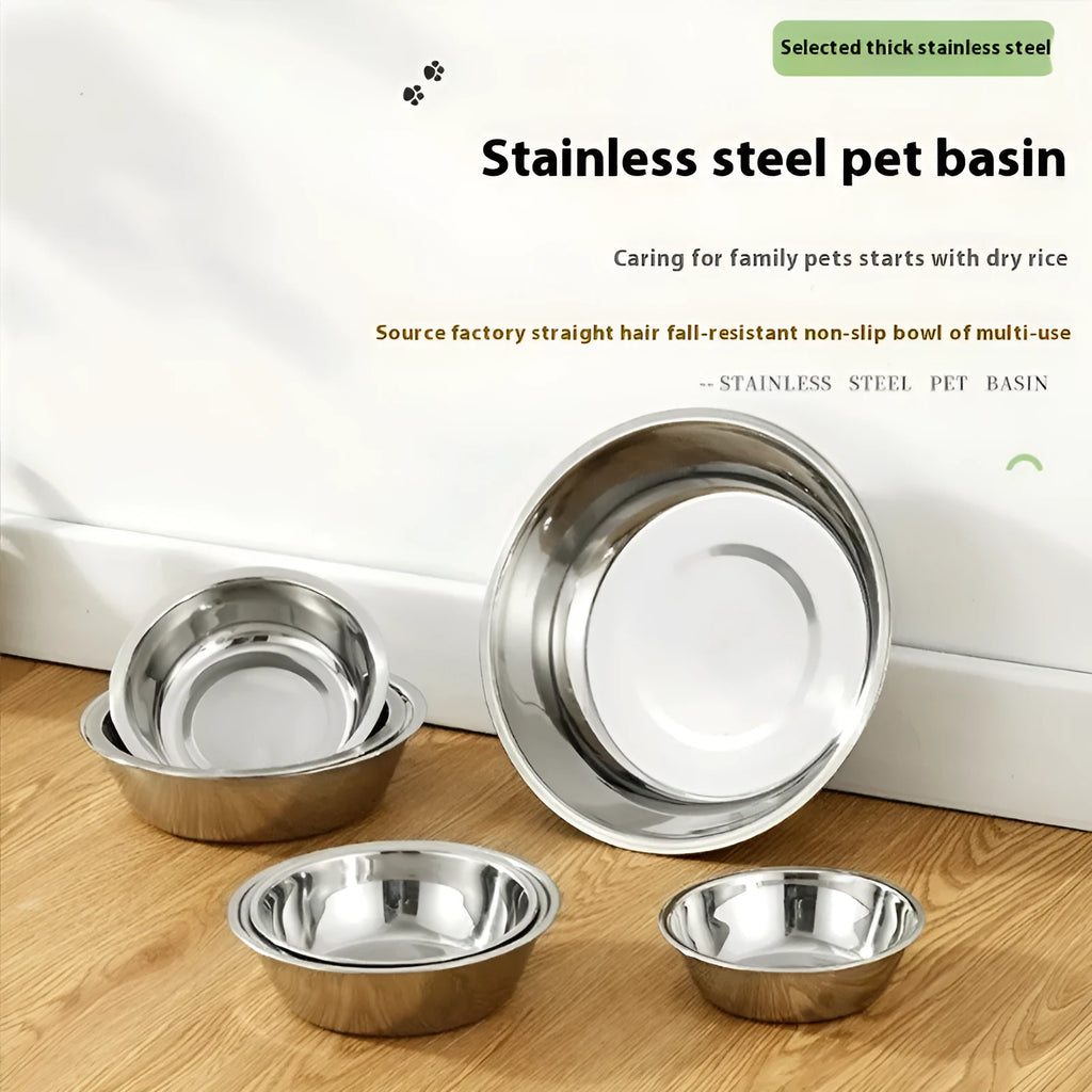 A stainless steel pet bowl for cats and dogs, shown in one of five available sizes.