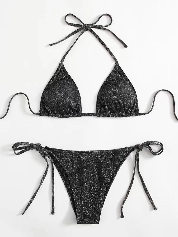 Women's split bandage style bikini swimsuit in polyester, shown in multiple colour options.