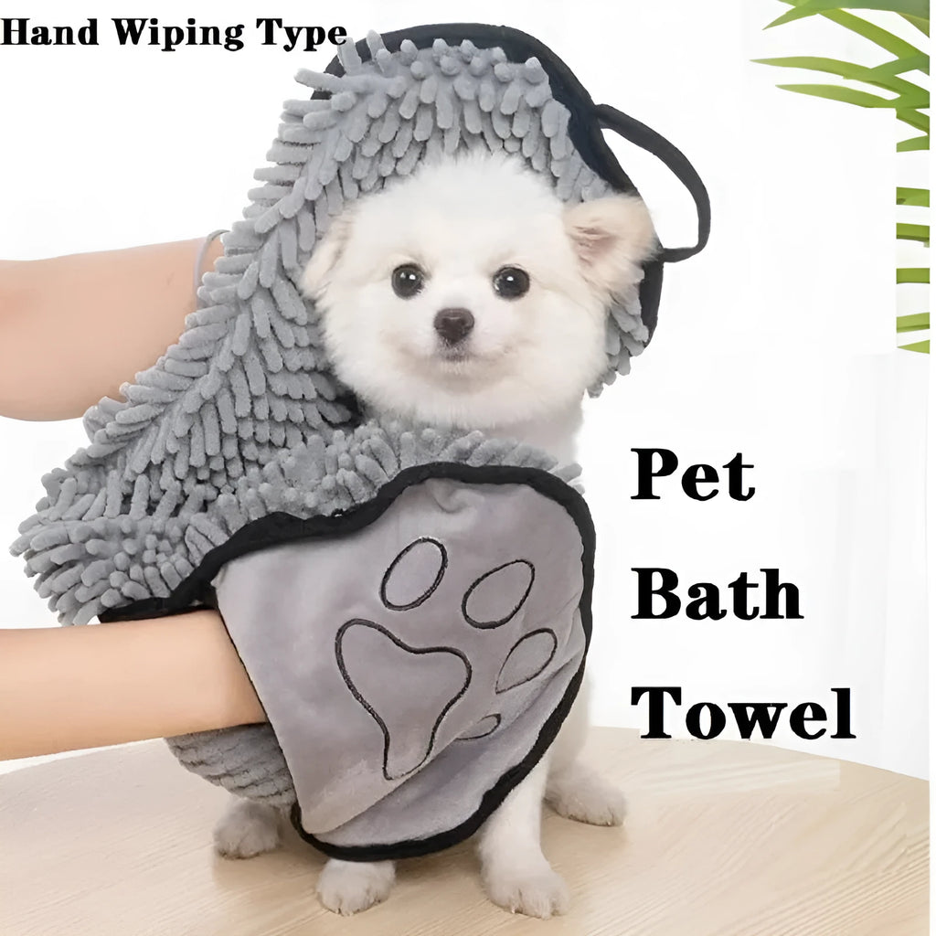 Blue quick-dry pet bath towel shown draped, sized 62 cm by 23 cm for drying dogs and cats.