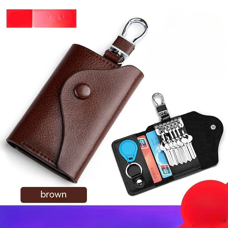 Korean-style square vertical genuine leather keycard holder showing internal key mapping structure