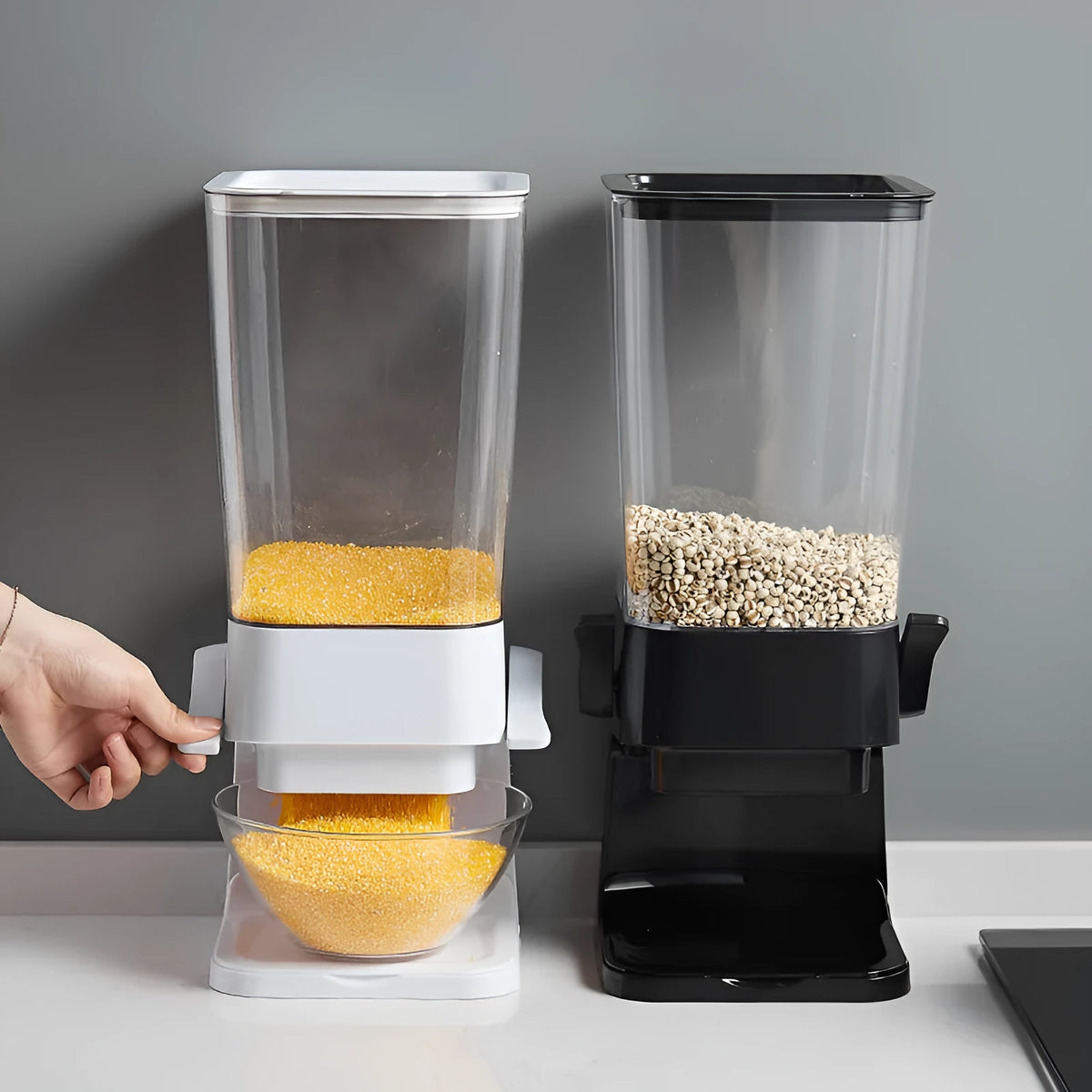 Countertop cereal dispenser in black or white with chute opening, twin levers and 5.5 quart container