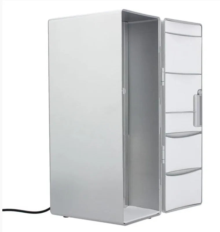 Mini USB fridge with open door showing cans and bottles inside, dimensions 12x8.5x25cm