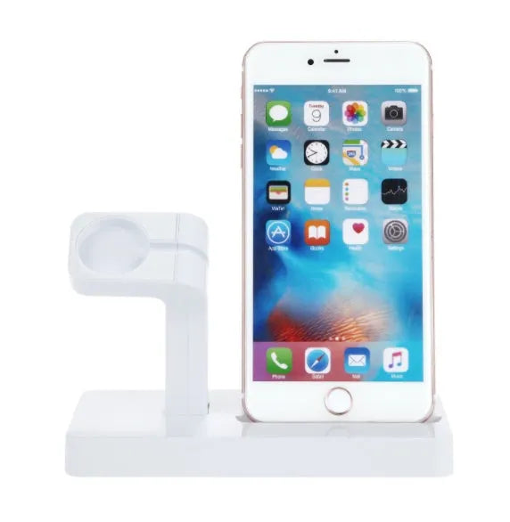 White desktop charging dock holding iPhone and Apple Watch upright for simultaneous charging