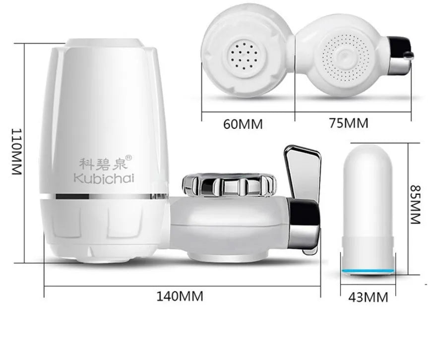 White plastic faucet water filter unit with ceramic core and universal thread adapters for kitchen tap installation.