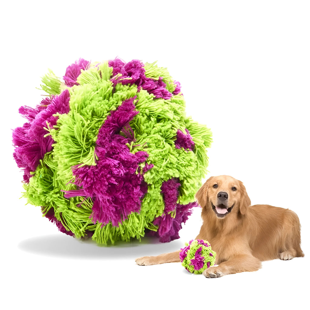 Purple plush dog chew toy with seaweed ball knot design measuring 15cm diameter
