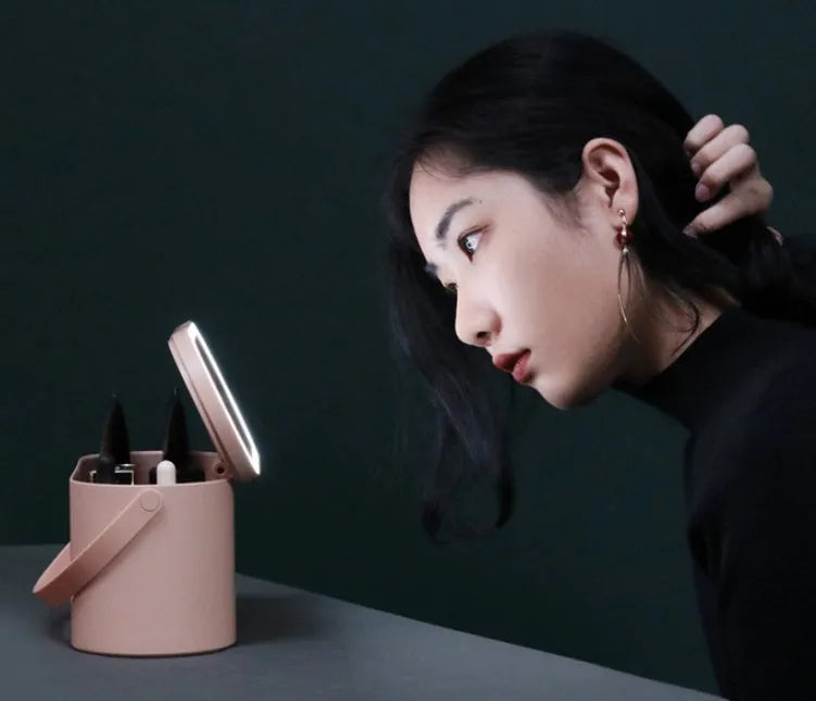 Portable LED mirror makeup organiser box with touch light, rotatable bracket, and soft handle in white