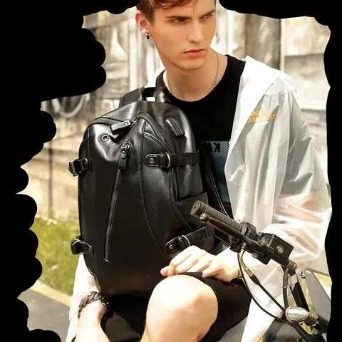 Real leather USB charging backpack with large capacity and waterproof design