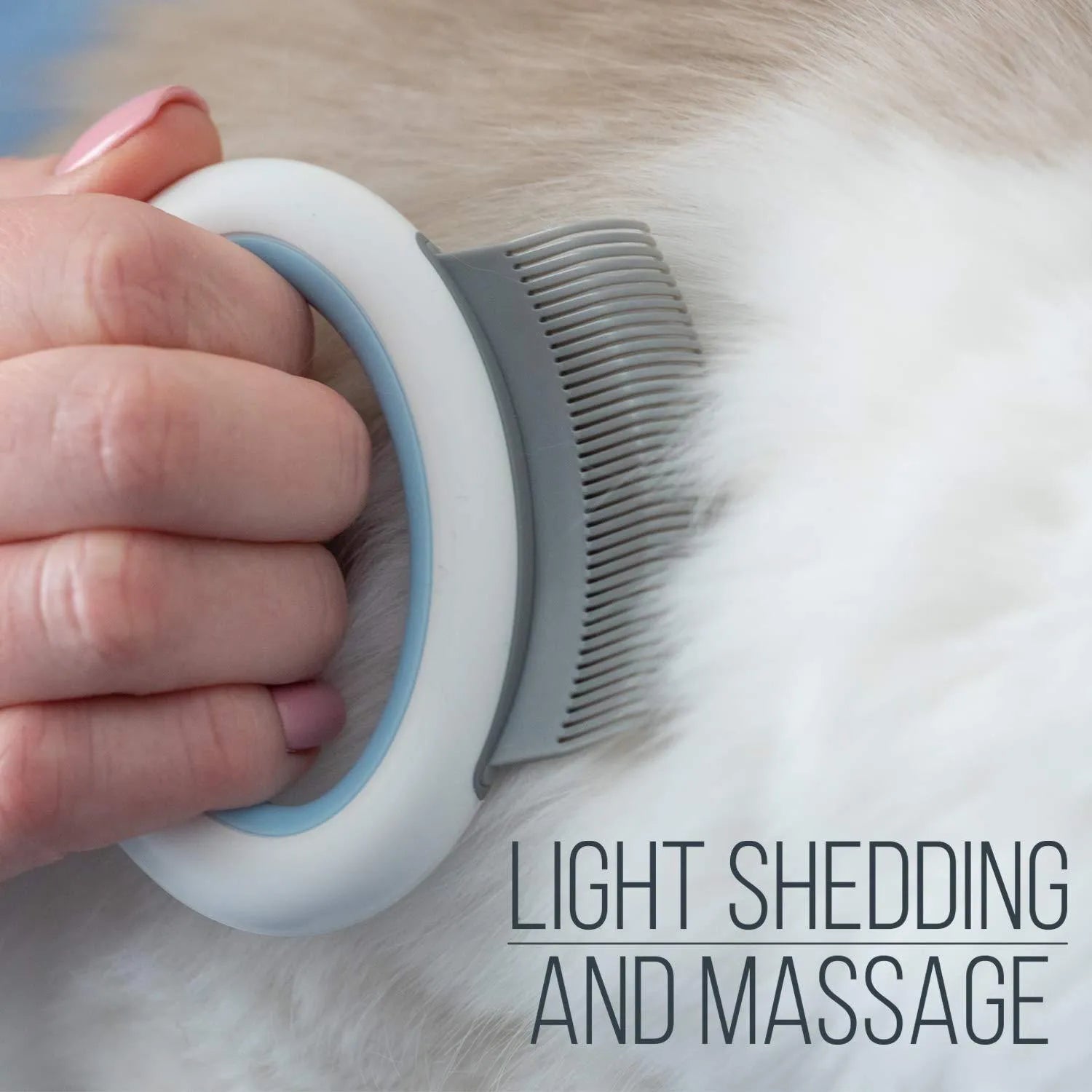 Blue pet grooming comb with soft teeth for deshedding cats and dogs on white background