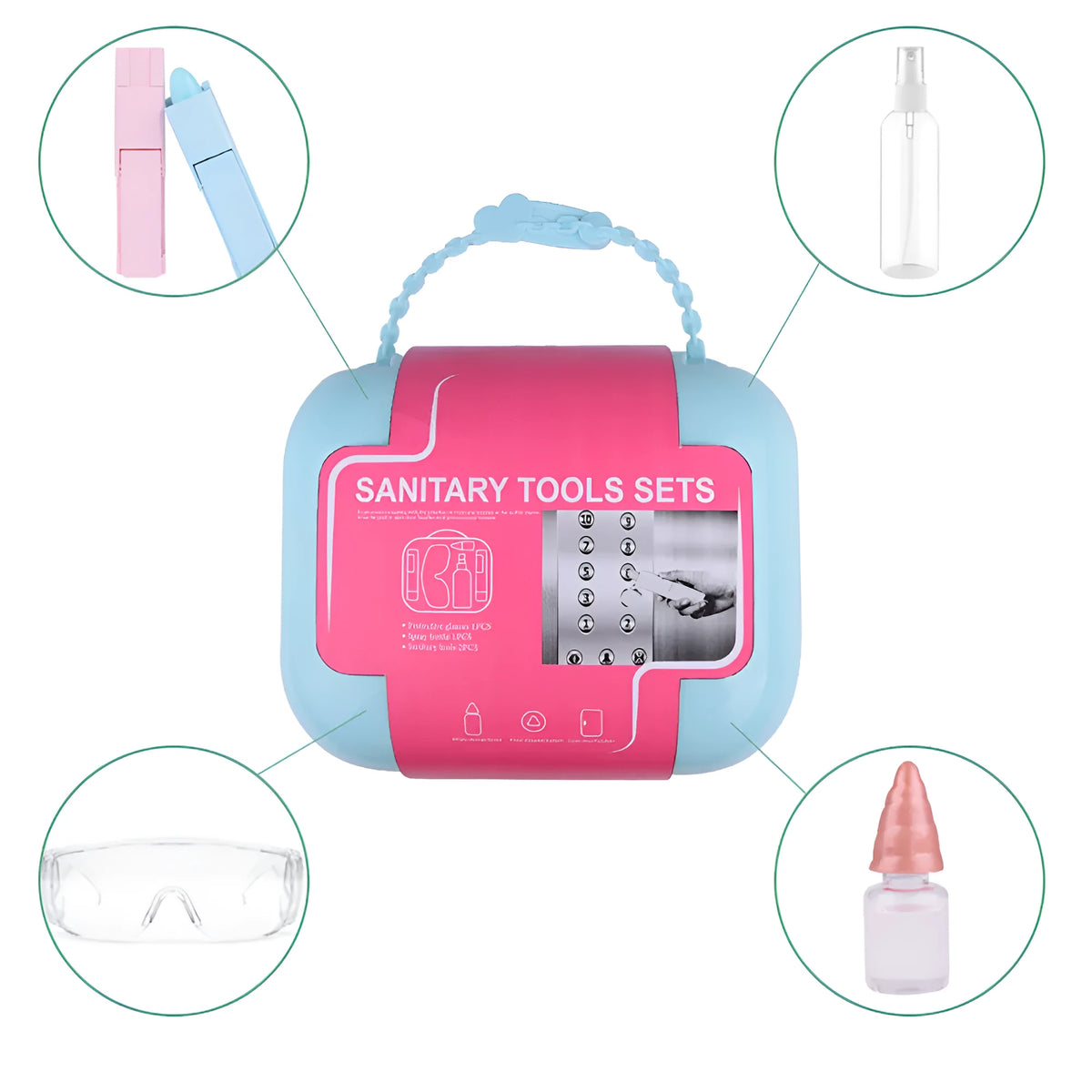 Portable anti-epidemic door disinfection tool set with safety glasses, spray bottle, and storage box