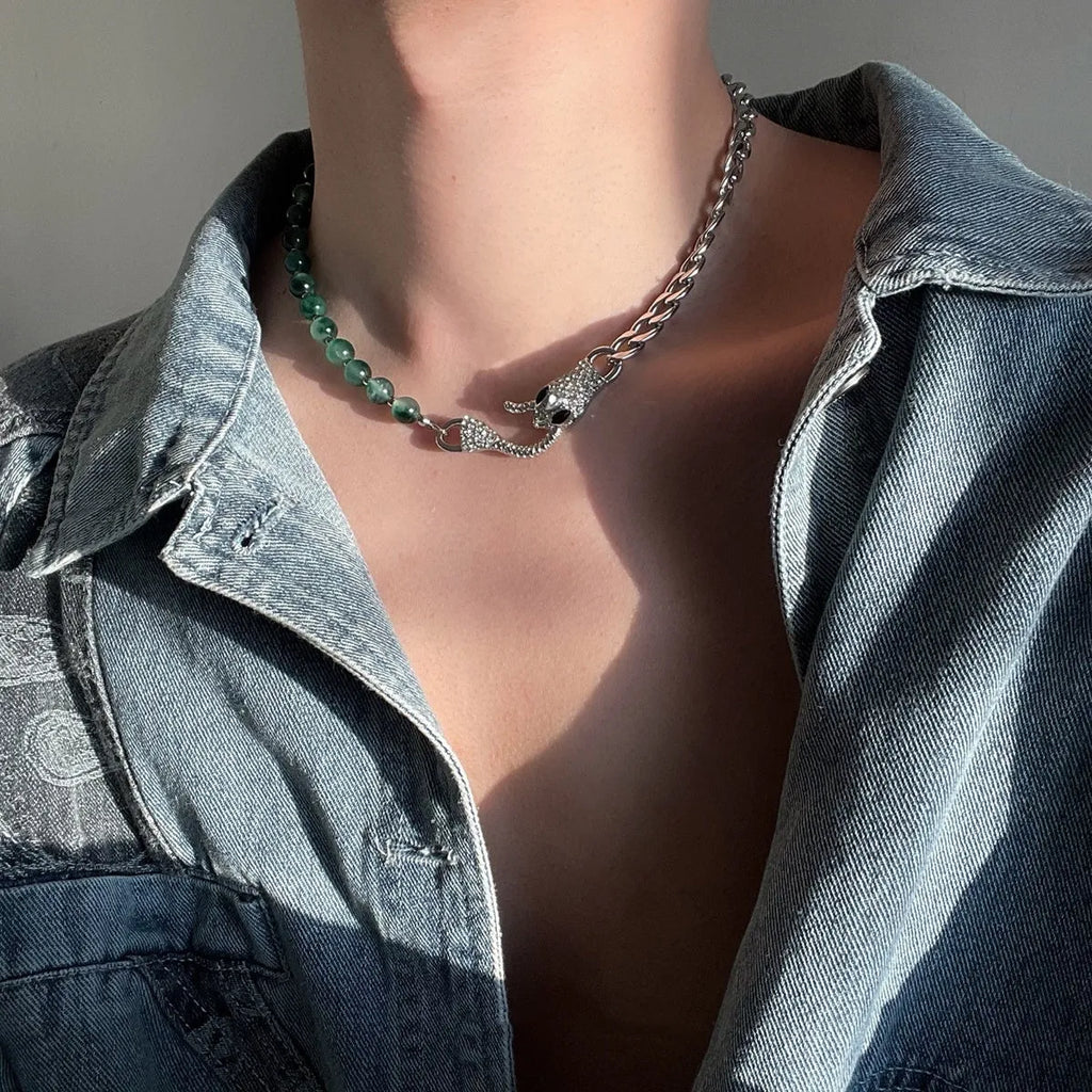 Shenlin Spirit Snake Stitching Lvzhu men's necklace in deep forest colour with titanium steel bone chain