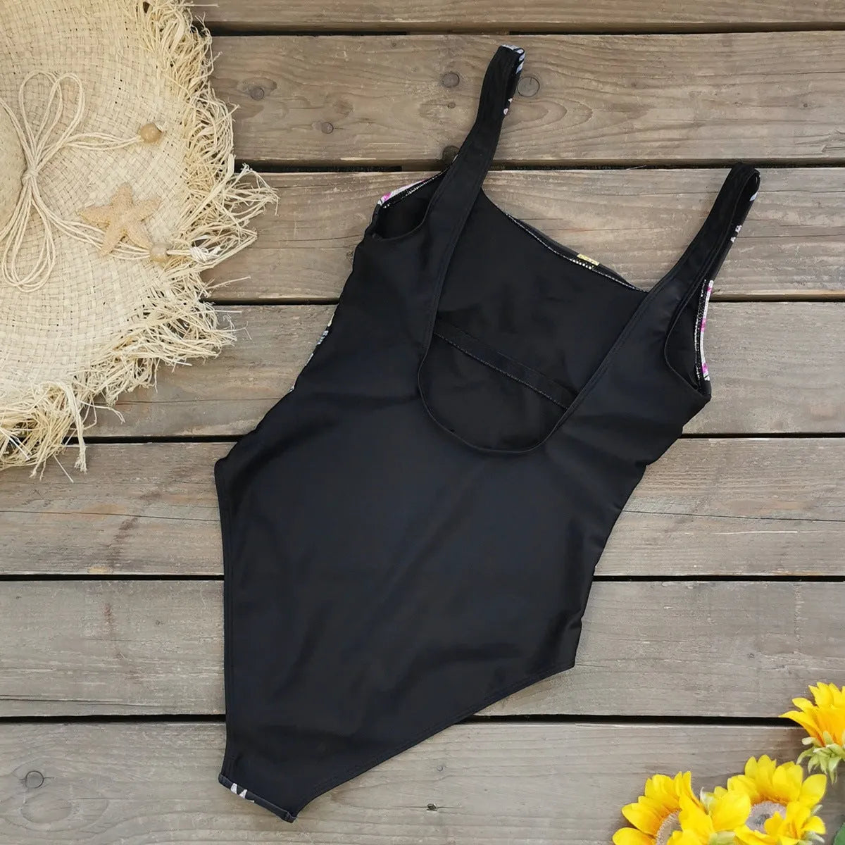 Backless print one-piece swimsuit for women with dragon snake flowers pattern on black background