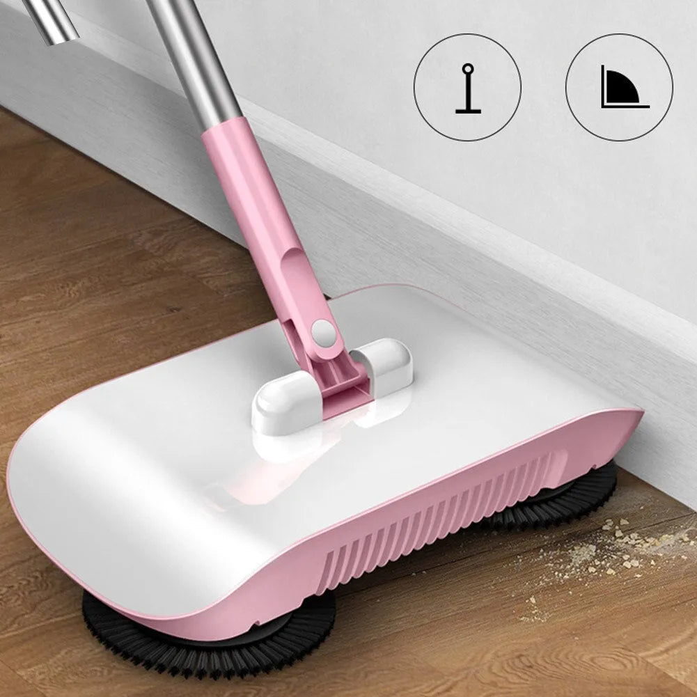 Pink hand push sweeper with rotating brush and mop attachment on tiled floor