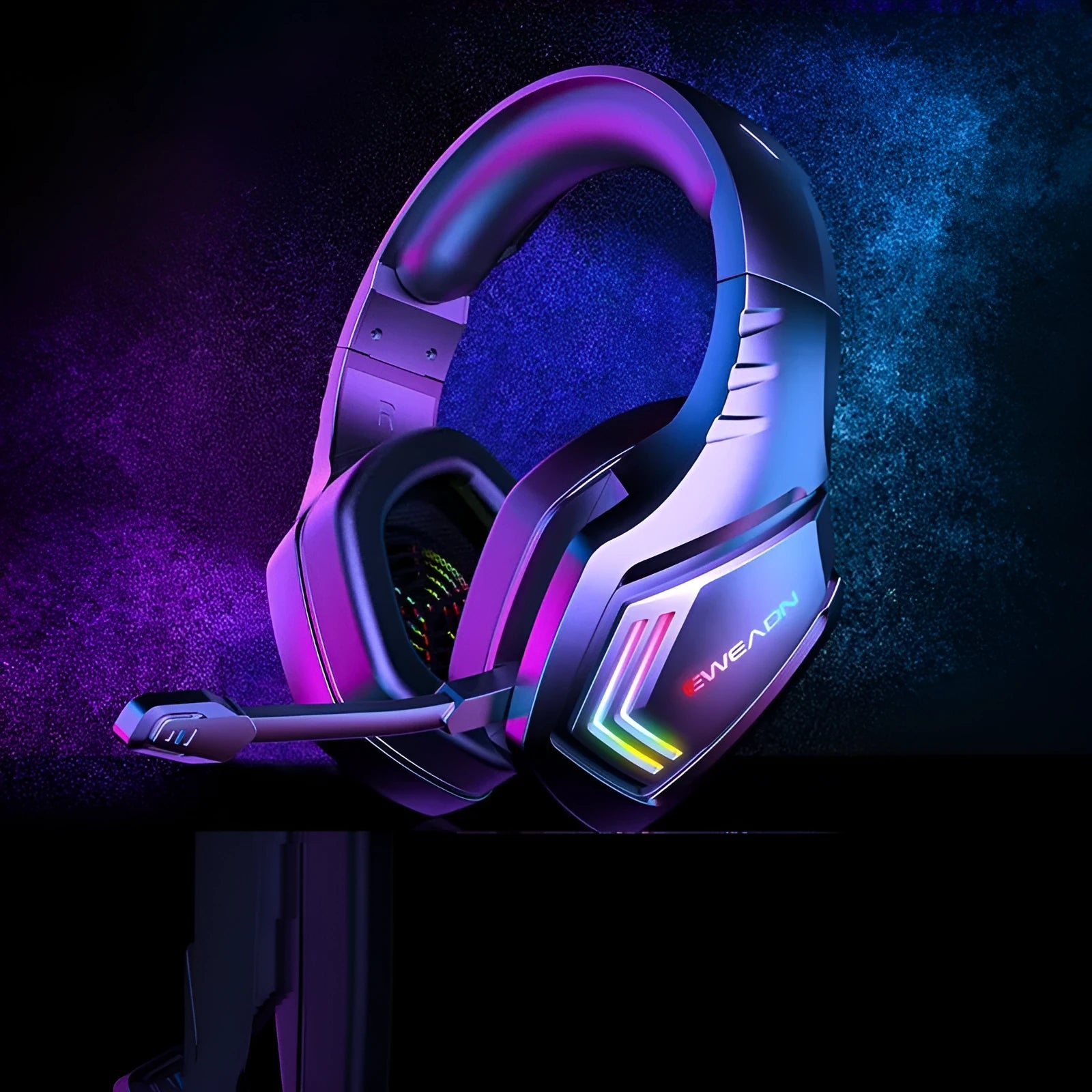 Black wireless Bluetooth headset with RGB lighting accents and over-ear design