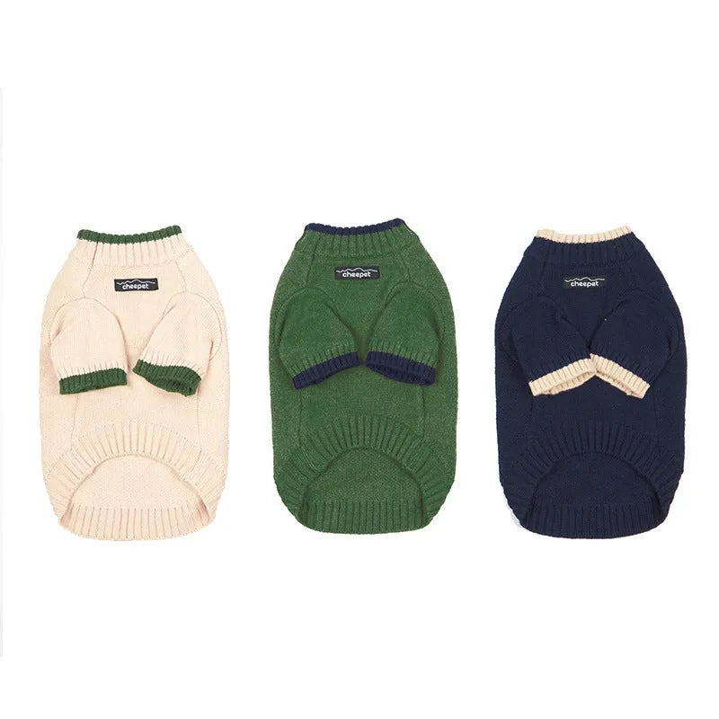 British-style wool pet sweater with two-leg design and contrast colour trim for dogs and cats