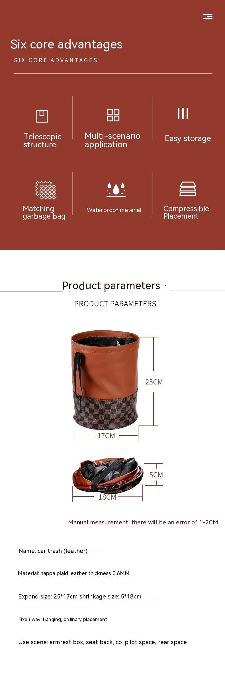 Brown retractable leather trash can for car interior use, shown with handle.