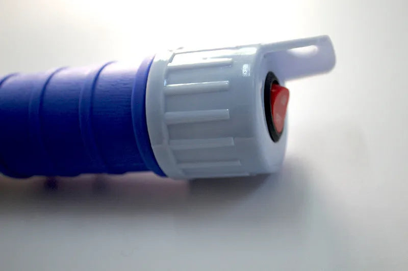 Blue manual hand siphon pump for transferring fuel and oil.