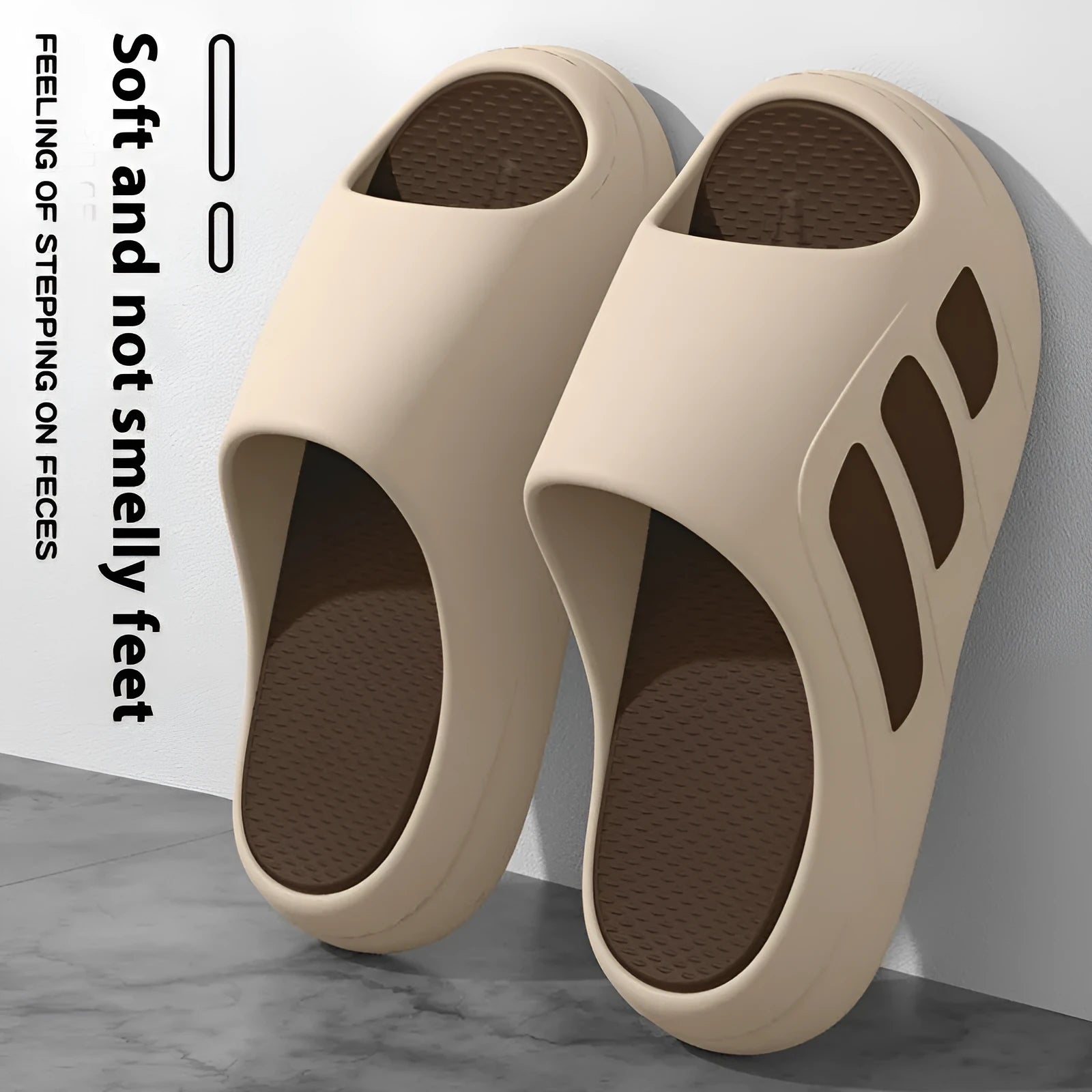 Men's brown platform slippers with EVA construction and injection moulded sole for indoor home use