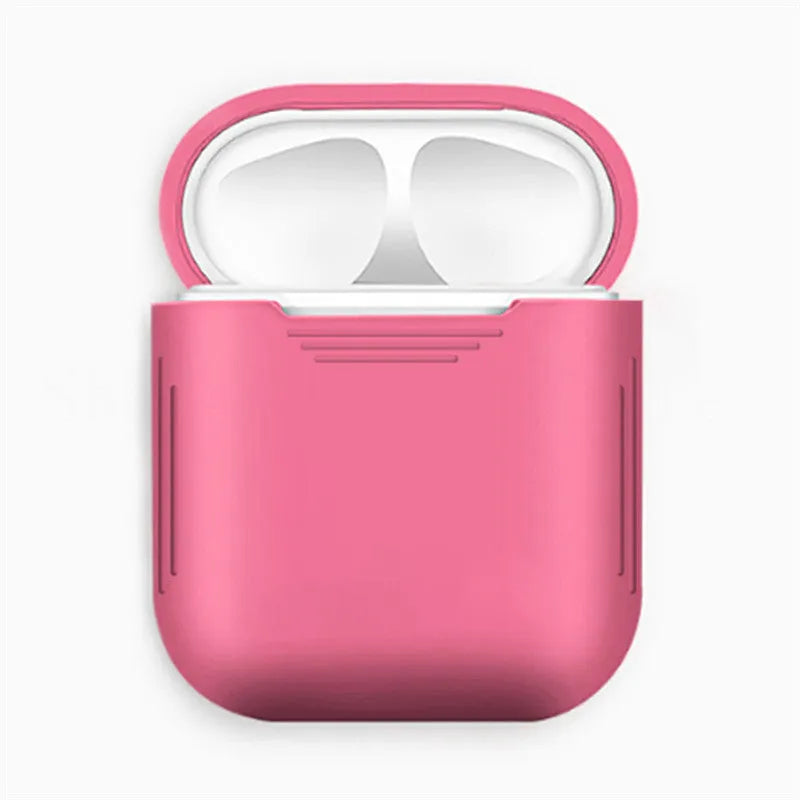 Silicone protective case for Apple AirPods in multiple colours, showing shockproof earmuffs and anti-lost rope attachment.