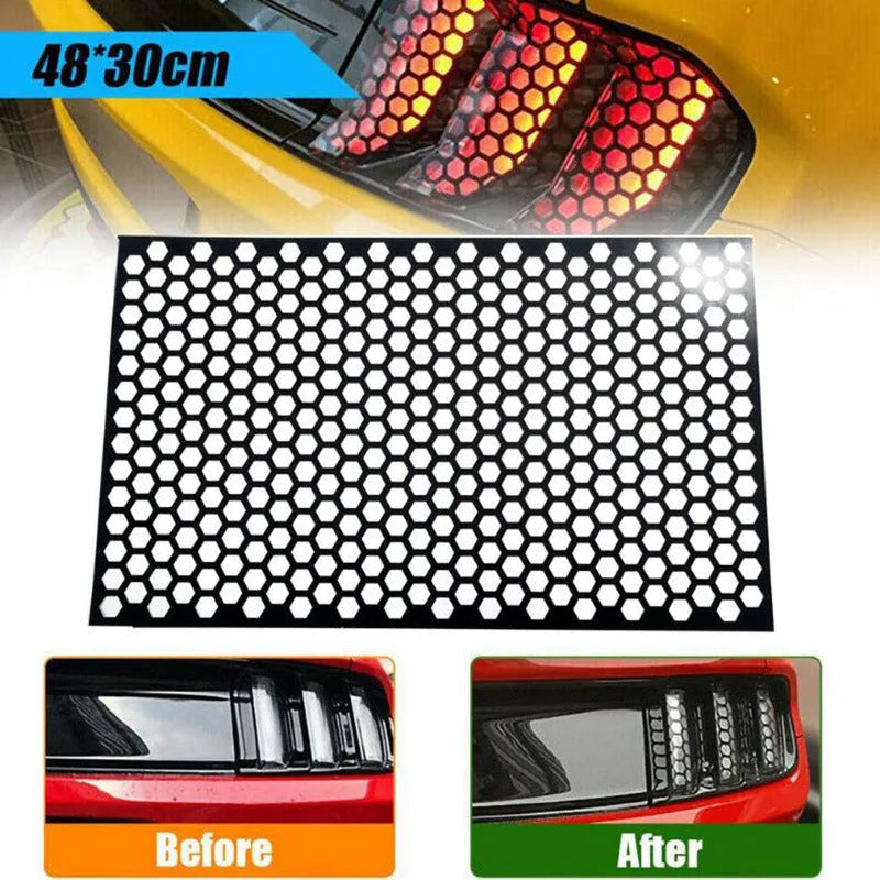 Honeycomb pattern black vinyl sticker for car taillight decoration, sized 48 by 30 centimetres.