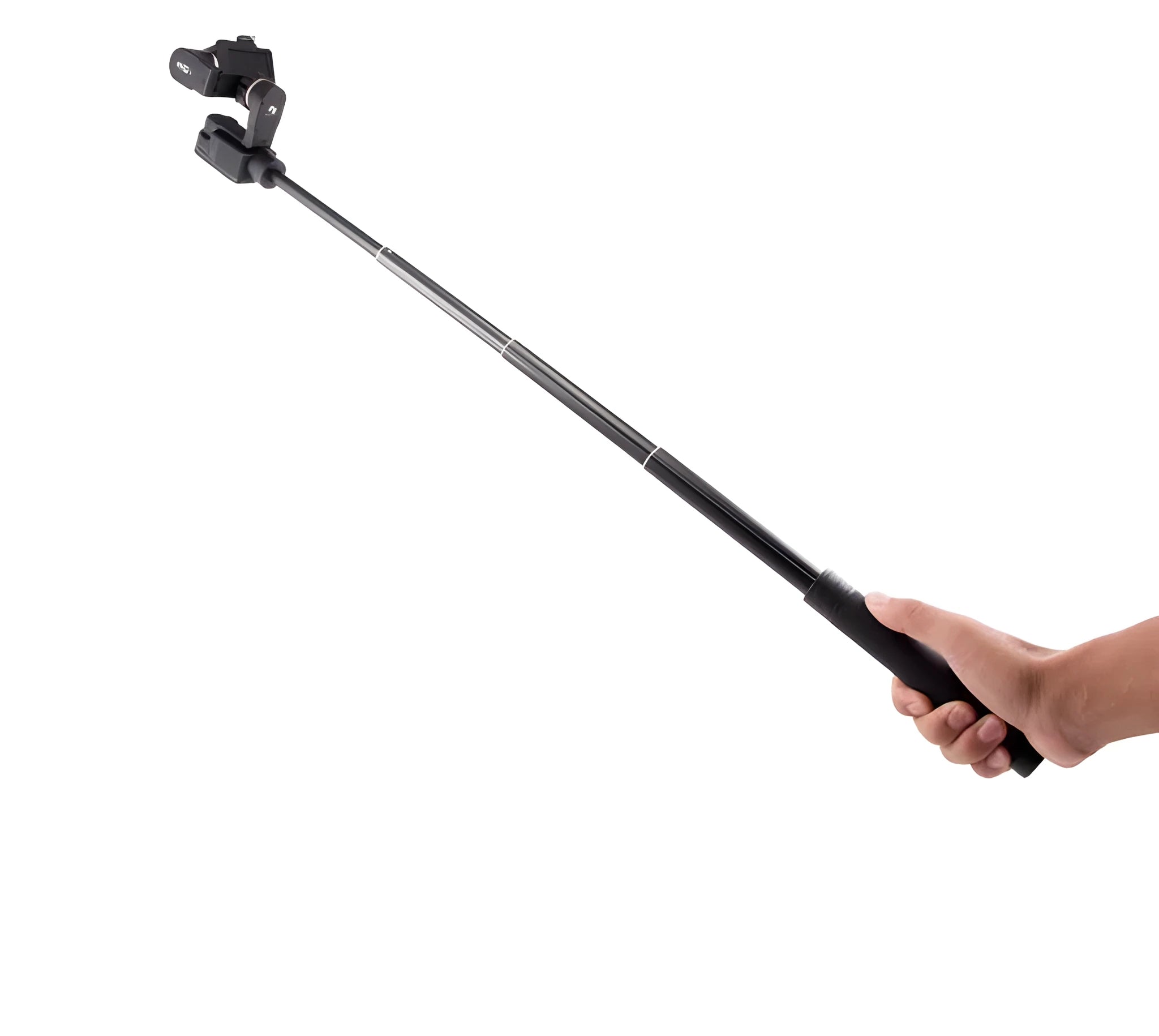 Black retractable selfie stick with handheld stabilizer grip extended for smartphone photography