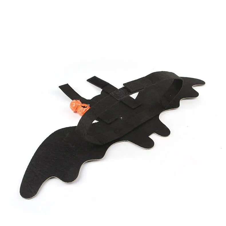 Halloween cat costume with black bat wings in pumpkin, red ghost, or white ghost colour variants with optional bell accessory