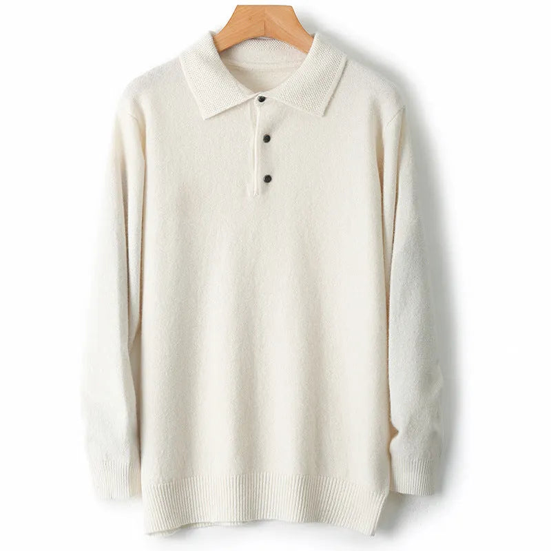 Men's woolen polo collar sweater pullover in various colours on a size chart background